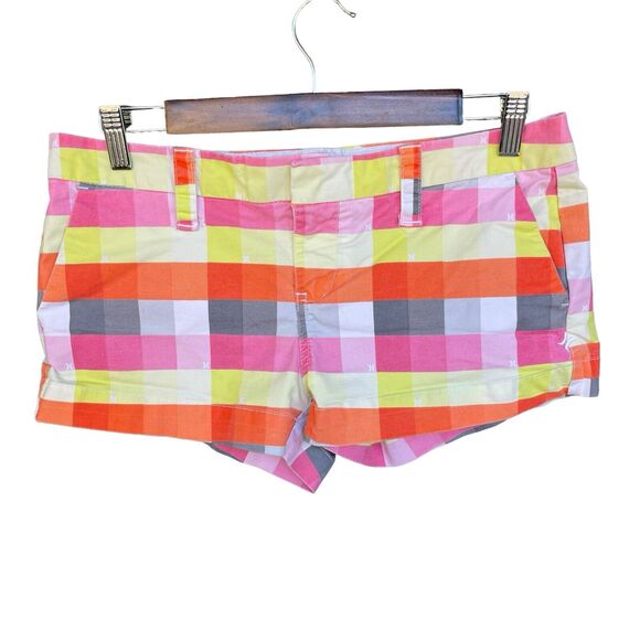 Hurley Juniors Short Shorts Size 9 Multicolor‎ Flat Front Low Rise Y2K Rainbow - Picture 1 of 10